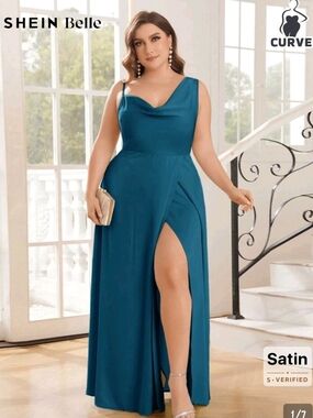 SHEIN Teal Satin Cowl Neck Elegant Dress with Thigh Slit